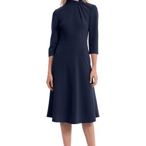 Donna Morgan Theodora Dress Navy Twist Neck Midi Fit Flare Size 16